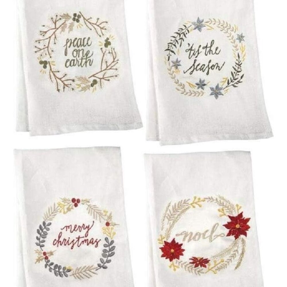 Set Of 4 Holiday Embroidered Cotton Kitchen Towels - Peace On Earth Tis The Seas